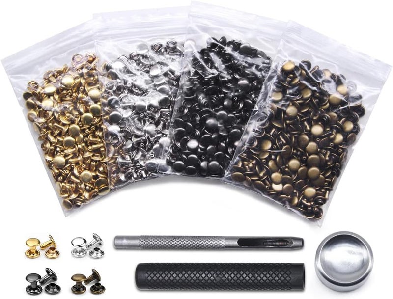 SEMINI 400 Sets Leather Rivets, Double Cap Rivet Tubular 4 Colors Brass Metal Studs with Fixing Tools for DIY Leather Craft/Clothes/Shoes/Bags/Belts Repair Decoration - Image 2